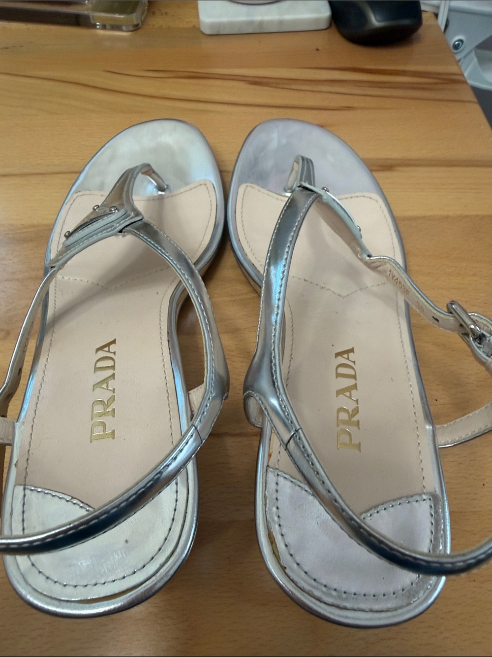 Prada Metallic Silver T-Strap Logo Sandals - Picture 9 of 15